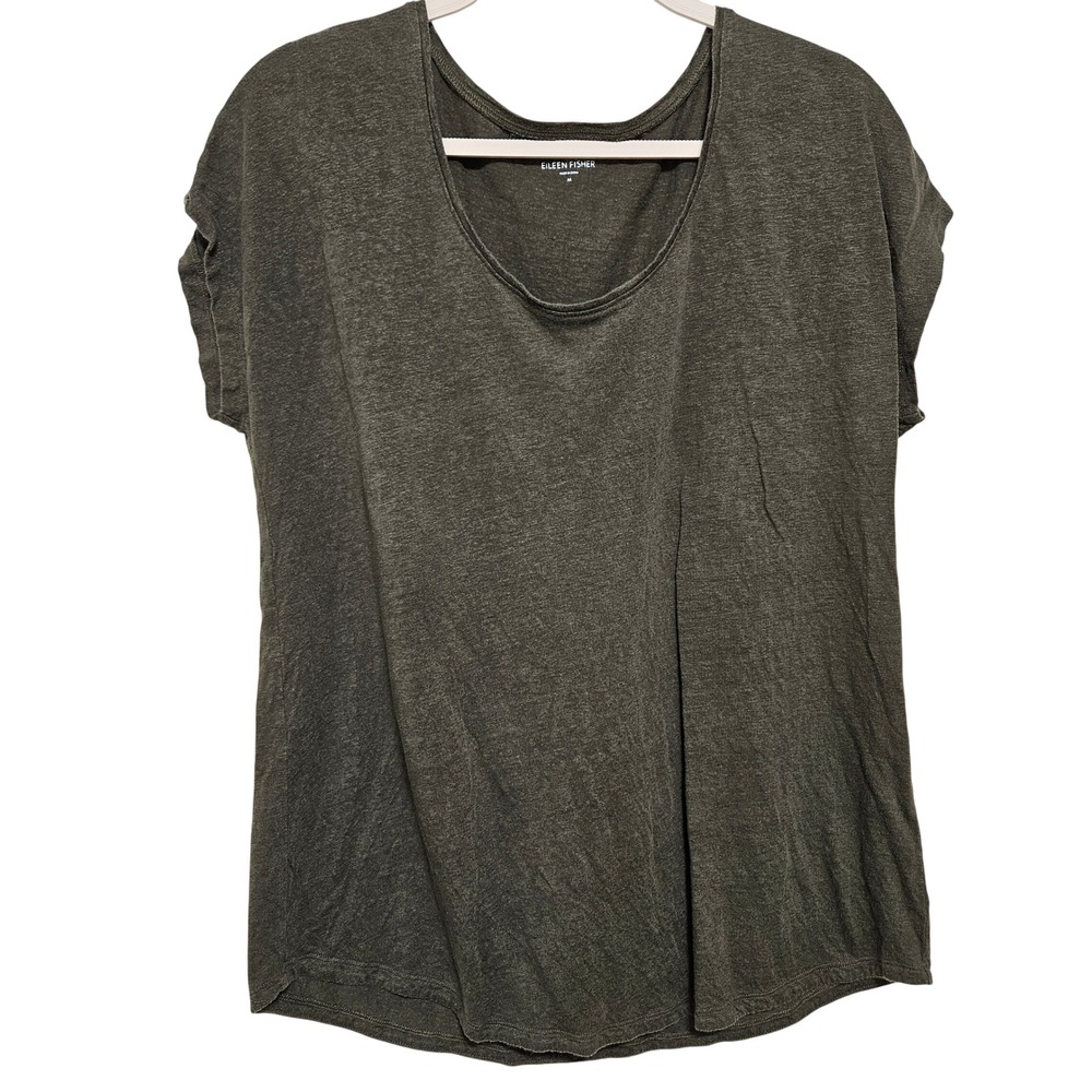 Eileen Fisher Womens Olive 100% Linen Top Minimalist Capsule Lagenlook Green M